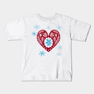 Winter Scandinavian Design on White Background Cute Simple Nordic Heart and Snowflakes Kids T-Shirt